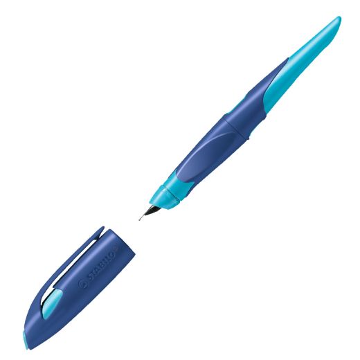 Ergonomischer Schulfüller für Rechtshänder mit Anfänger-Feder A - STABILO EASYbirdy in mitternachtsblau/azur - Einzelstift - inklusive Patrone - Schreibfarbe blau (löschbar)