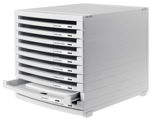 HAN Schubladenbox CONTUR – modernes und modular erweiterbares Schubladensystem, mit 10 offenen Schubladen bis Format DIN B4, lichtgrau, 1510-0-11