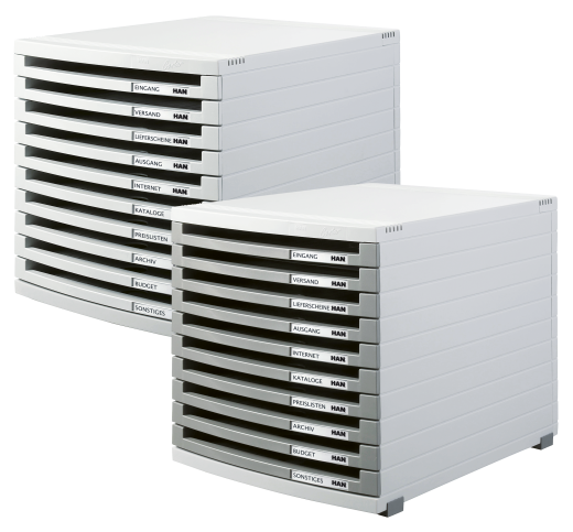 HAN Schubladenbox CONTUR – modernes und modular erweiterbares Schubladensystem, mit 10 offenen Schubladen bis Format DIN B4, lichtgrau, 1510-0-11