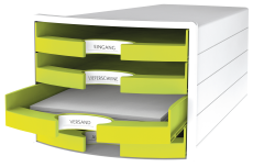 HAN Schubladenbox IMPULS 2.0 – innovatives, attraktives Design in höchster Qualität. Mit 4 offenen Schubladen für DIN A4/C4, weiß-lemon, 1013-50