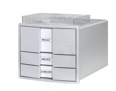 HAN Schubladenbox IMPULS – modernes Gehäusedesign für Papierformate DIN A4/C4. Mit 3 geschlossenen Schubladen und Schubladeneinsatz für DIN A4/C4, lichtgrau, 1017-11
