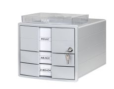 HAN Schubladenbox IMPULS – modernes Gehäusedesign für Papierformate DIN A4/C4. Mit 3 geschlossenen Schubladen und Schloss, inkl. Einsatz, lichtgrau, 1018-11