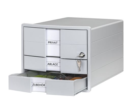 HAN Schubladenbox IMPULS – modernes Gehäusedesign für Papierformate DIN A4/C4. Mit 3 geschlossenen Schubladen und Schloss, inkl. Einsatz, lichtgrau, 1018-11