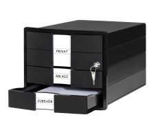 HAN Schubladenbox IMPULS – modernes Gehäusedesign für Papierformate DIN A4/C4. Mit 3 geschlossenen Schubladen und Schloss, inkl. Einsatz, schwarz, 1018-13