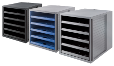 HAN Schubladenbox SCHRANK-SET KARMA – attraktives Design für Unterlagen bis DIN C4, BLAUER ENGEL zertifiziert, mit 5 offenen Schubladen, öko-grau, 14018-18