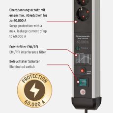 Brennenstuhl 1391010400 Premium-Protect-Line 60.000A Überspannungsschutz-Steckdosenleiste 4-fach 3m H05VV-F 3G1,5