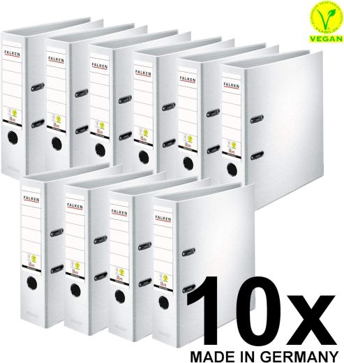 Original Falken 10er Pack PP-Color Kunststoff-Ordner. Made in Germany. 8 cm breit DIN A4 weiß Vegan Ringordner Aktenordner Briefordner Büroordner Plastikordner Schlitzordner