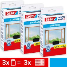 tesa Insect Stop STANDARD Fliegengitter für Fenster im 3er Pack - Insektenschutz zuschneidbar - Mückenschutz ohne Bohren - 3 x Fliegen Netz anthrazit - 130 cm x 150 cm