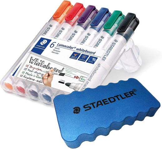 Staedtler Lumocolor 351 WP6 Whiteboard-Marker, Rundspitze ca. 2 mm Linienbreite, Set mit 6 Farben (1 Etui + Whiteboardschwamm)