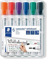 Staedtler Lumocolor 351 WP6 Whiteboard-Marker, Rundspitze ca. 2 mm Linienbreite, Set mit 6 Farben (1 Etui + Whiteboardschwamm)
