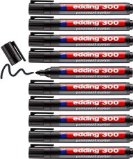 edding 300 Permanentmarker - schwarz - 10 Stifte - Rundspitze 1,5-3 mm - wasserfest, schnell-trocknend - wischfest - für Karton, Kunststoff, Glas, Holz, Metall, Glas