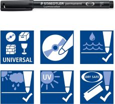 STAEDTLER permanent Marker Lumocolor, schwarz, F-Spitze Linienbreite ca. 0,6 mm, wisch- und wasserfest, Made in Germany, nachfüllbar, lange Lebensdauer, 10 Universalstifte im Kartonetui, 318-9
