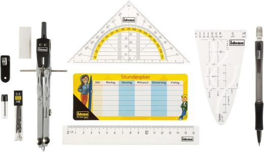 Idena 20066 - Zirkel im Etui, 11-teilig, mit Geodreieck, Lineal, Ersatzminen für den Zirkel, Druckbleistift & Ersatzminen, Stundenplan, Radiergummi & Spitzer