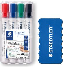 STAEDTLER Whiteboard Marker Lumocolor, ca. 2 mm Linienbreite, trocken und rückstandsfrei abwischbar von Whiteboards, hohe Qualität, Set mit 4 Markern inklusive Schwamm, 351 WP4P1X