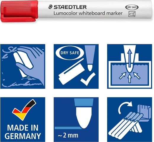 STAEDTLER Whiteboard Marker Lumocolor, ca. 2 mm Linienbreite, trocken und rückstandsfrei abwischbar von Whiteboards, hohe Qualität, Set mit 4 Markern inklusive Schwamm, 351 WP4P1X