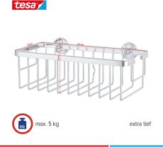 tesa ALUXX Duschkorb, Aluminium, verchromt, garantiert rostfrei, inkl. Klebelösung, tiefer Boden, 125 mm x 250 mm x 92 mm