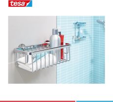 tesa ALUXX Duschkorb, Aluminium, verchromt, garantiert rostfrei, inkl. Klebelösung, tiefer Boden, 125 mm x 250 mm x 92 mm
