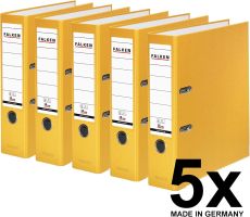 Original Falken 5er Pack PP-Color Kunststoff-Ordner. Made in Germany. 8 cm breit DIN A4 gelb Vegan Ringordner Aktenordner Briefordner Büroordner Plastikordner Schlitzordner