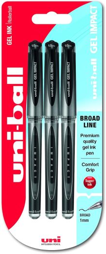 uni-ball 153529073 UM-153S Signo Impact Gelschreiber mit gummiertem Griff, Gel Super-Tinte, fälschungssicher, 1 mm breite Spitze, 3 Stück schwarz