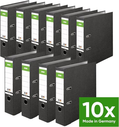 Original DINOR Ordner-Wolkenmarmor-Recycling - Made in Germany. 10er Pack 8 cm breit DIN A4 schwarz Aktenordner Briefordner Büroordner Pappordner Schlitzordner Grüner Balken