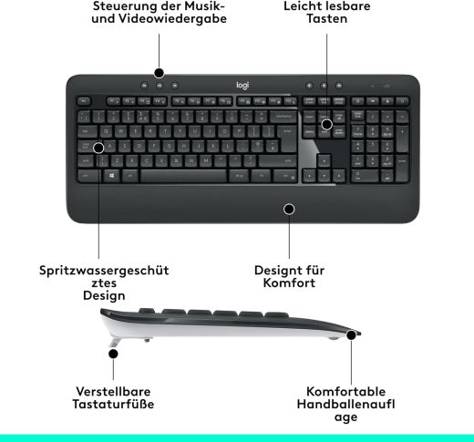 Logitech MK540 Advanced Kabellose Tastatur und Maus Combo für Windows, 2,4 GHz Unifying USB-Empfänger, Sondertasten, 3 Jahre Batterielaufzeit, Für PC, Laptop, QWERTZ-Layout - Schwarz