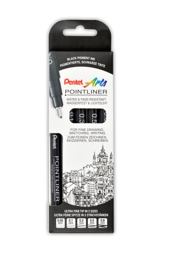 Pentel Pigmentierter Fineliner Pointliner S20P, 0,05/0,1/0,3/0,5/0,8mm, Schwarz 5 Strichstärken im Set