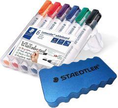 Staedtler Lumocolor 351 WP6 Whiteboard-Marker, Rundspitze ca. 2 mm Linienbreite, Set mit 6 Farben (1 Etui + Whiteboardschwamm)